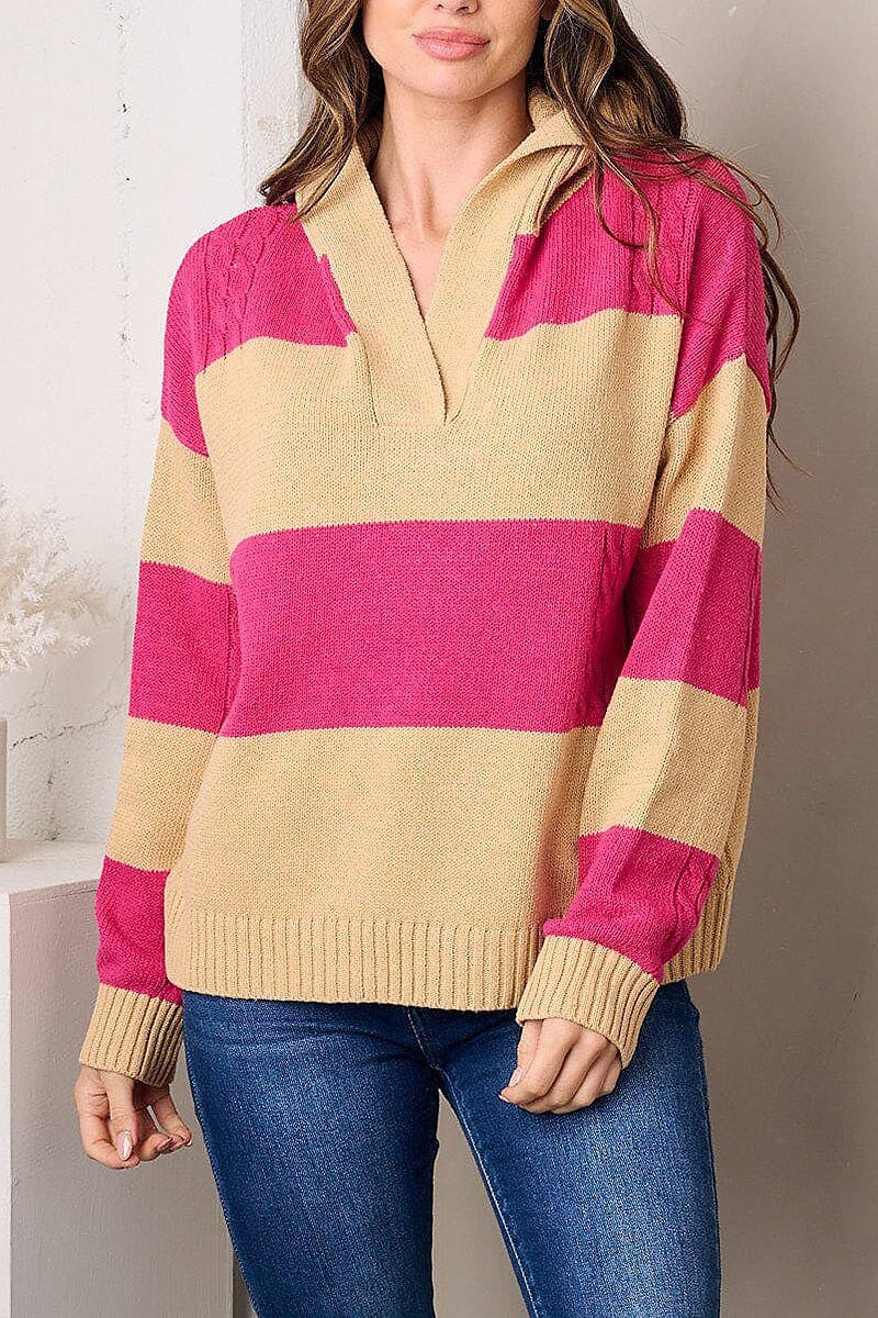 Long sleeve v-neck colorblock sweater (EFWT3196)