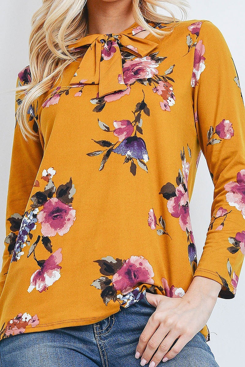 Tie neck detail floral print long sleeve top (EF2105)