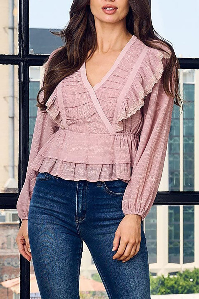 Long sleeve v-neck ruffle peplum shimmer top (EFWT1575)