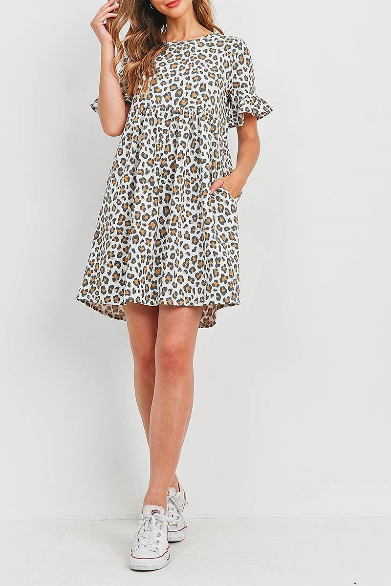 Leopard ruffle sleeve empire waist dress (DED6506)