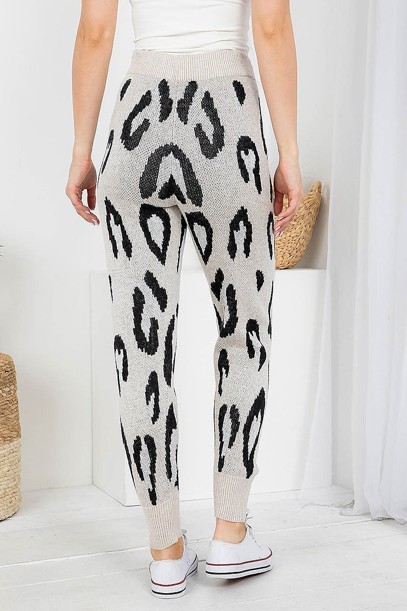 Animal print cuffed waist knitted pants (DGB3552)