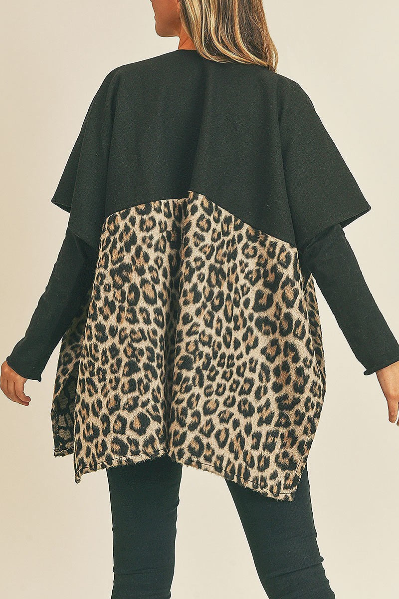 Leopard pocket detail color block kimono (DGS5737)