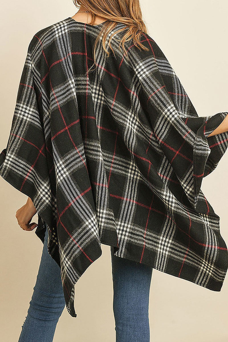 Open drape plaid kimono poncho (DGS4885-1)