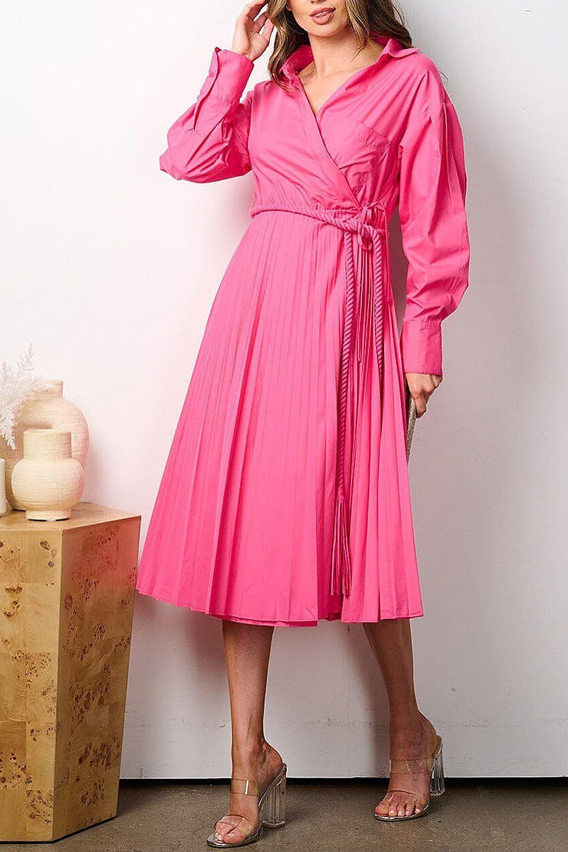 Long sleeve v-neck wrap pleated midi dress (EFWT7780)