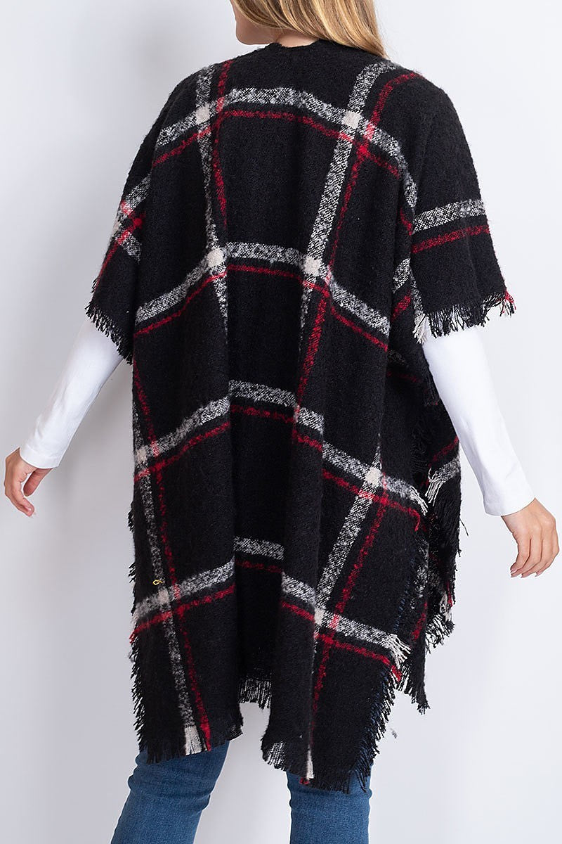 Plaid open front fringe kimono (DGS5408)