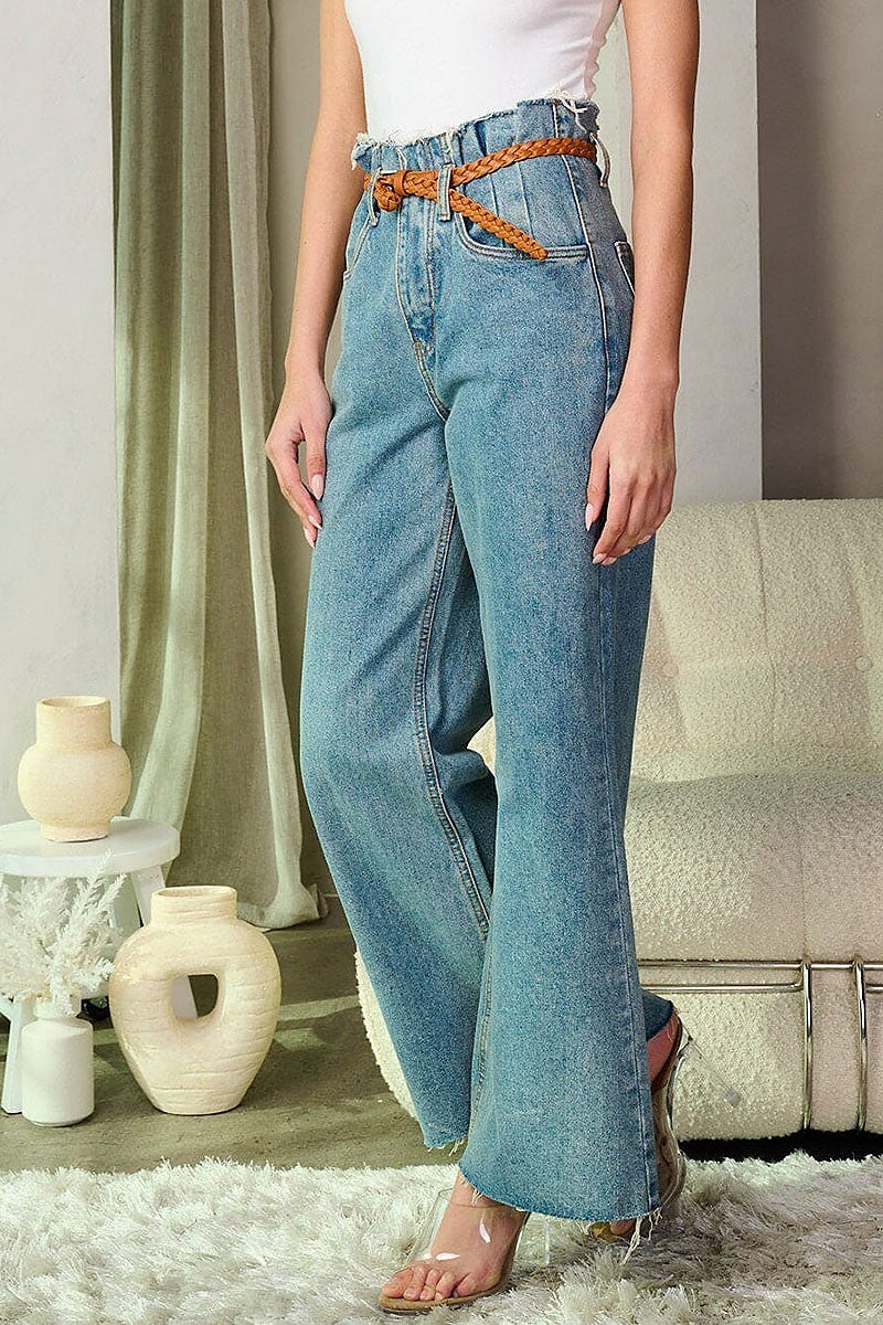 Button closure high waist belted denim pants (EFWT9309-1)