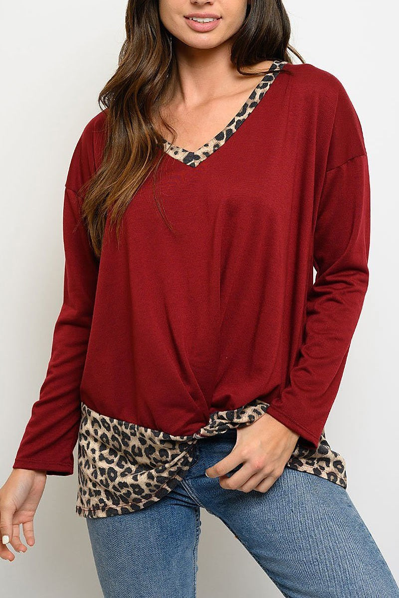 V neck long sleeve animal print top (EDWT3339)