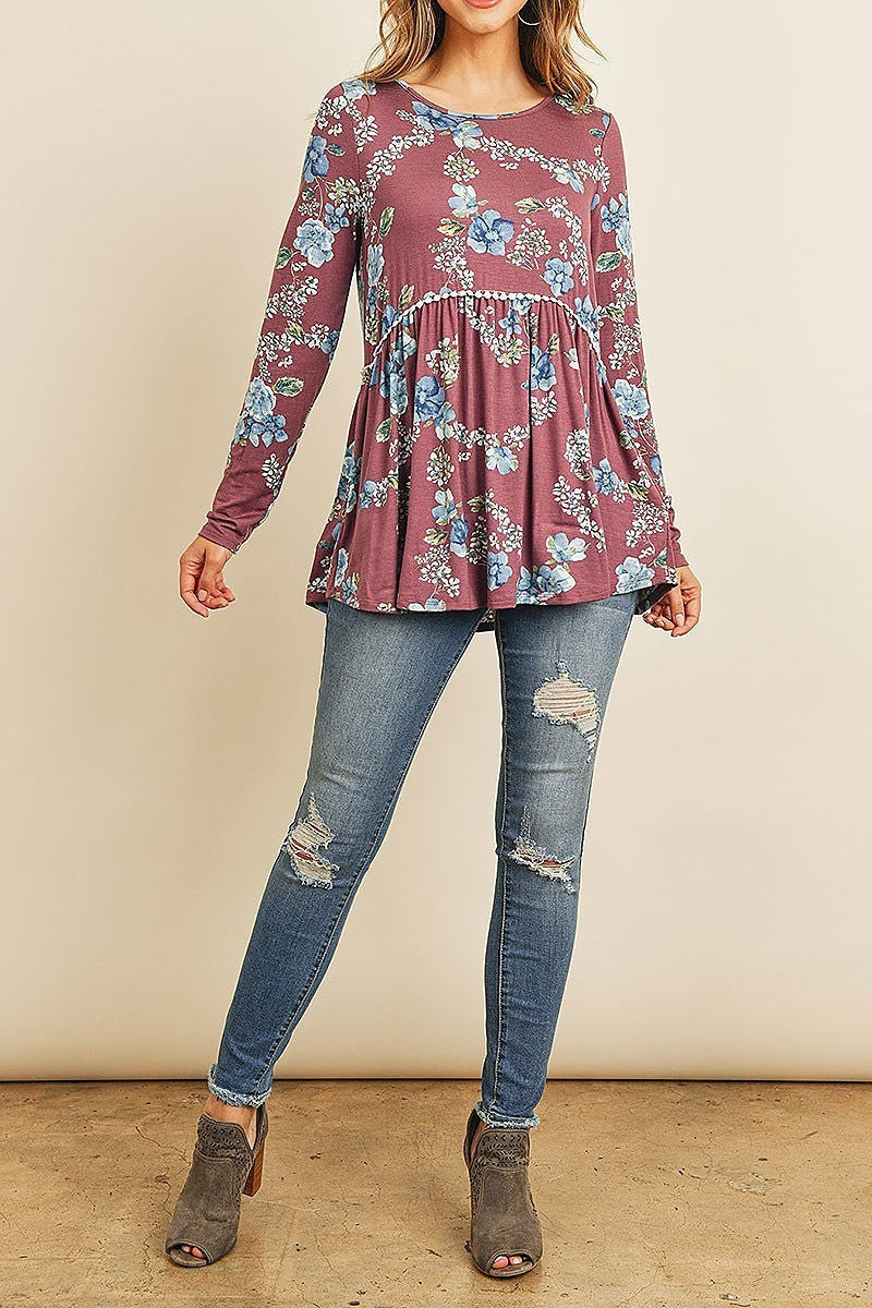 Long sleeved floral cinch waist lace detail swing top (ED8324)