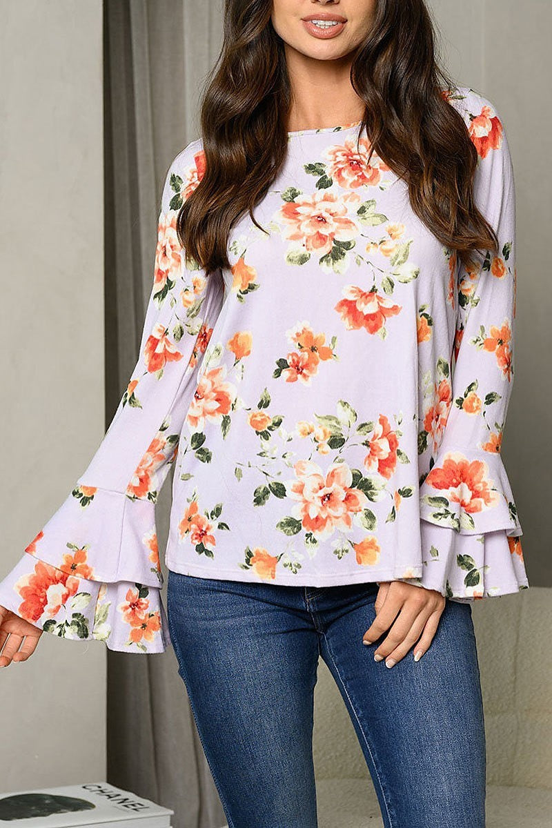 Long bell sleeve ruffle floral tunic top (EDWT6854)