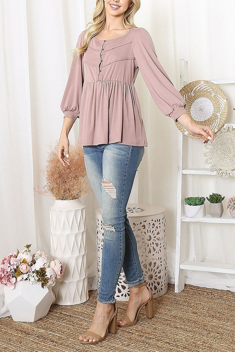 Shirring detail quarter sleeve top (EF6044)