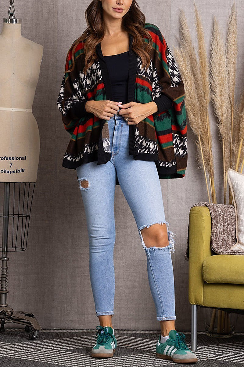 Multicolor aztec print open front cardigan (EDSW3633)