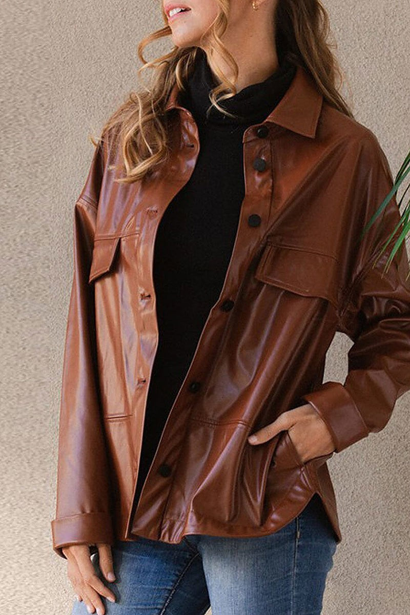 Long sleeve button up pu pleather jacket (EDWT8459)