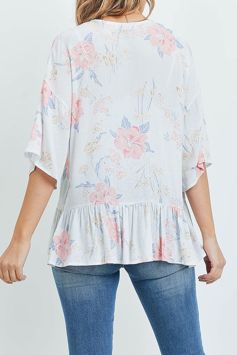 Ruched peplum detail floral print kimono cardigan (ED8756)