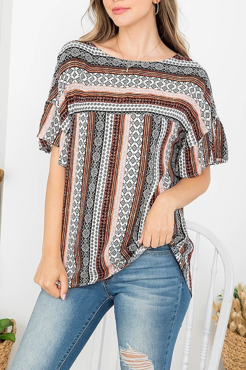 Tribal stripe ruffle sleeve top (EF4351)