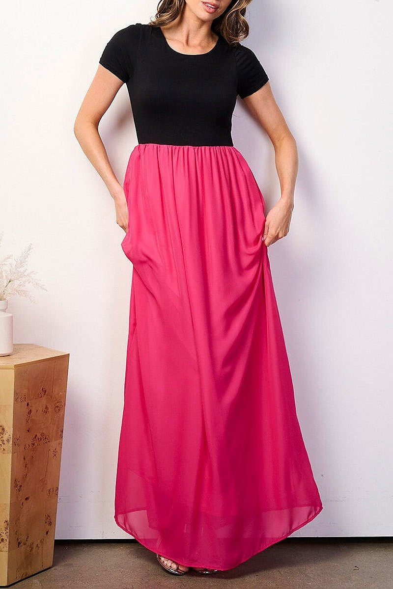 Short sleeve elastic waist colorblock maxi dress (EFWT8912)