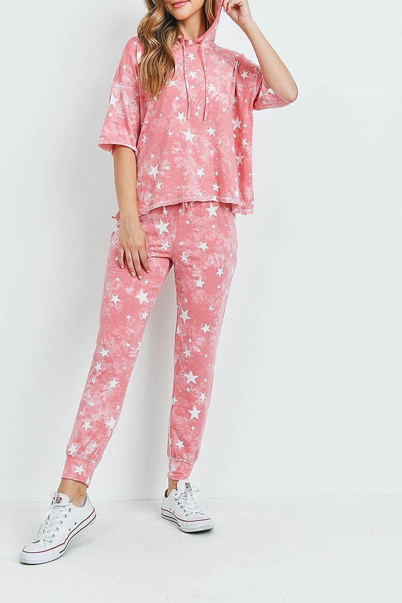 Star print hoodie top and pants set (ED9403)