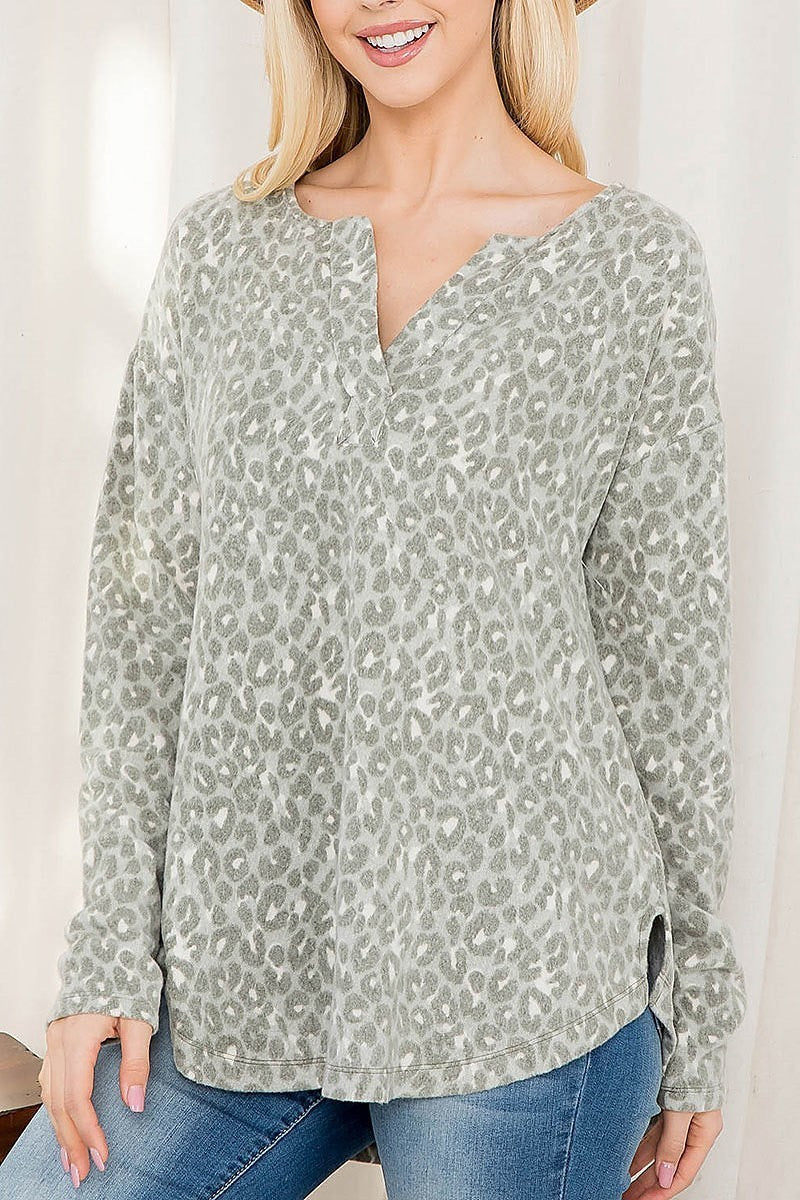 Split neck animal print loose fit top (EF2771)