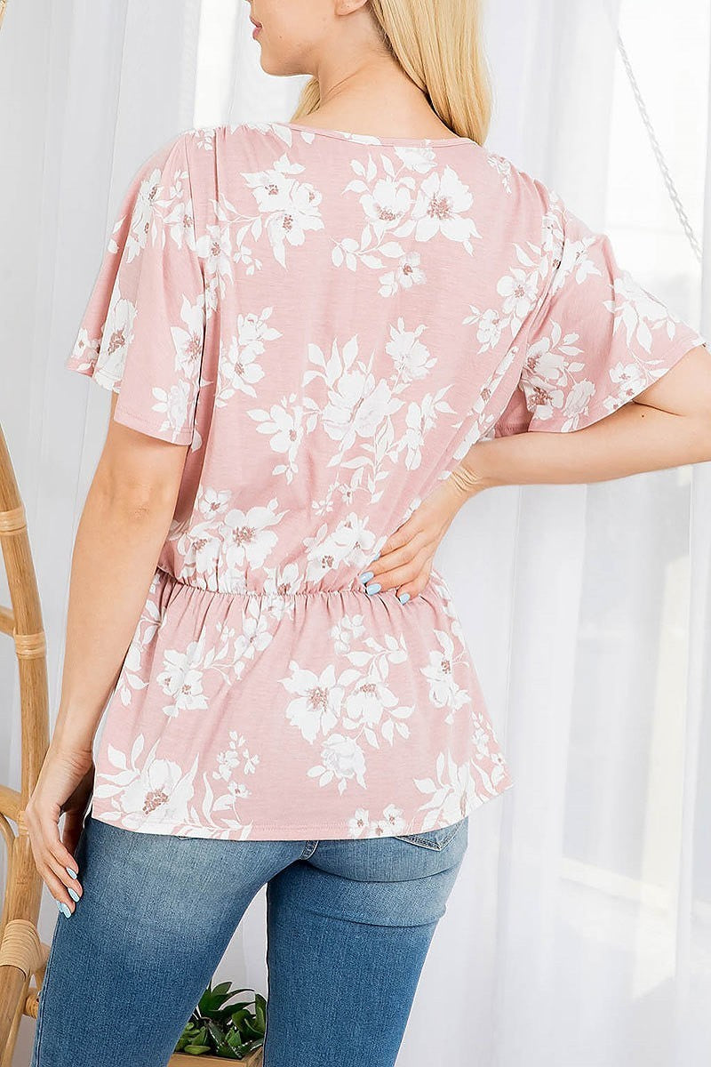 V neck bell sleeve floral cinch waist top (EF3119)