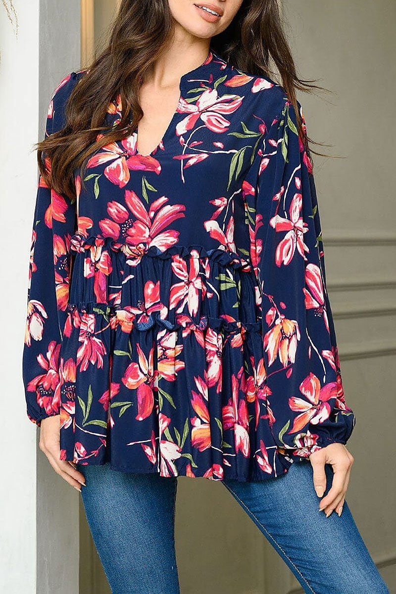 Puff sleeve v neck floral print tunic top (EDWT9029)