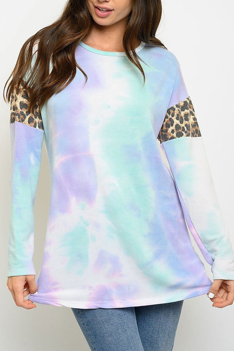 Long sleeve tie dye animal print color block top (EDWT3053)