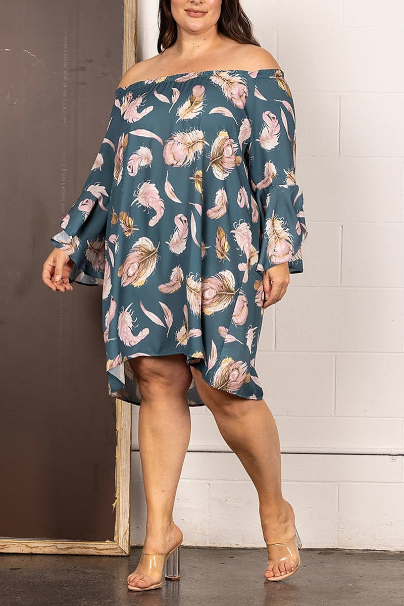 Feather off shoulder petal sleeves midi dress (EDSW4123)