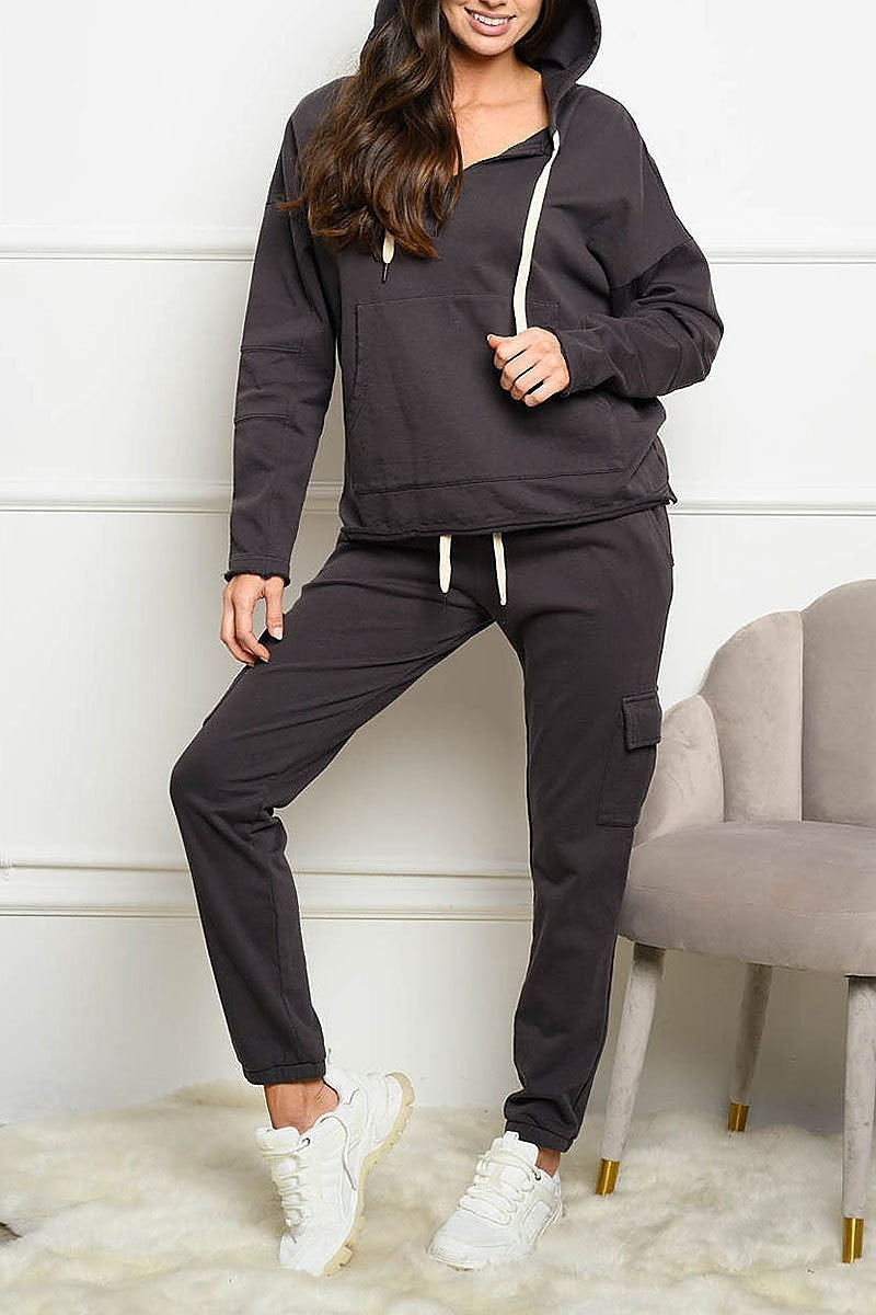 Solid hoodie cargo pocket self tie jogger set (EDWT4730)