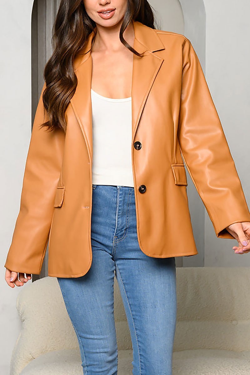 Long sleeve pu pleather button closure coat (EDWT8251)