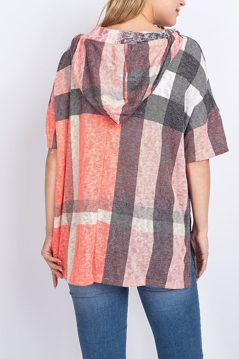 Plaid hoodie v neck loose fit top (EF1909)