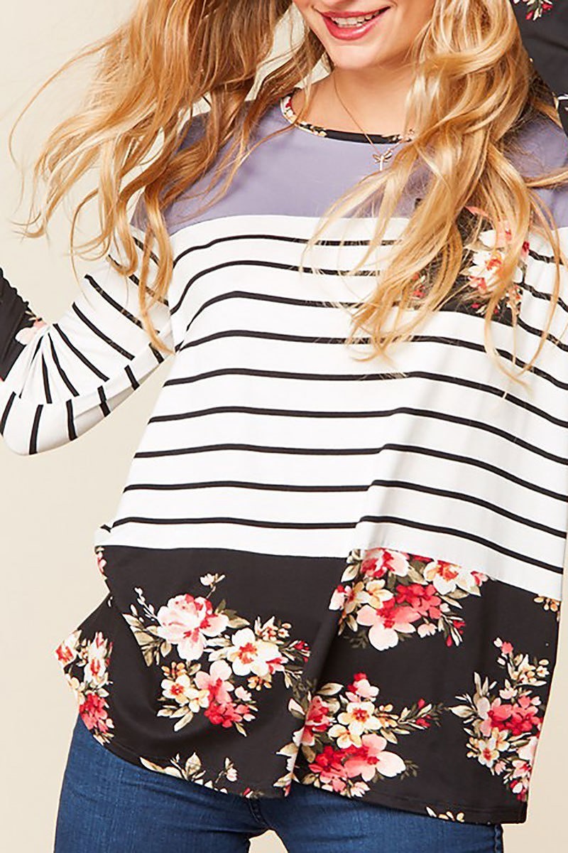 Floral print stripe color block top (EDBM3559)