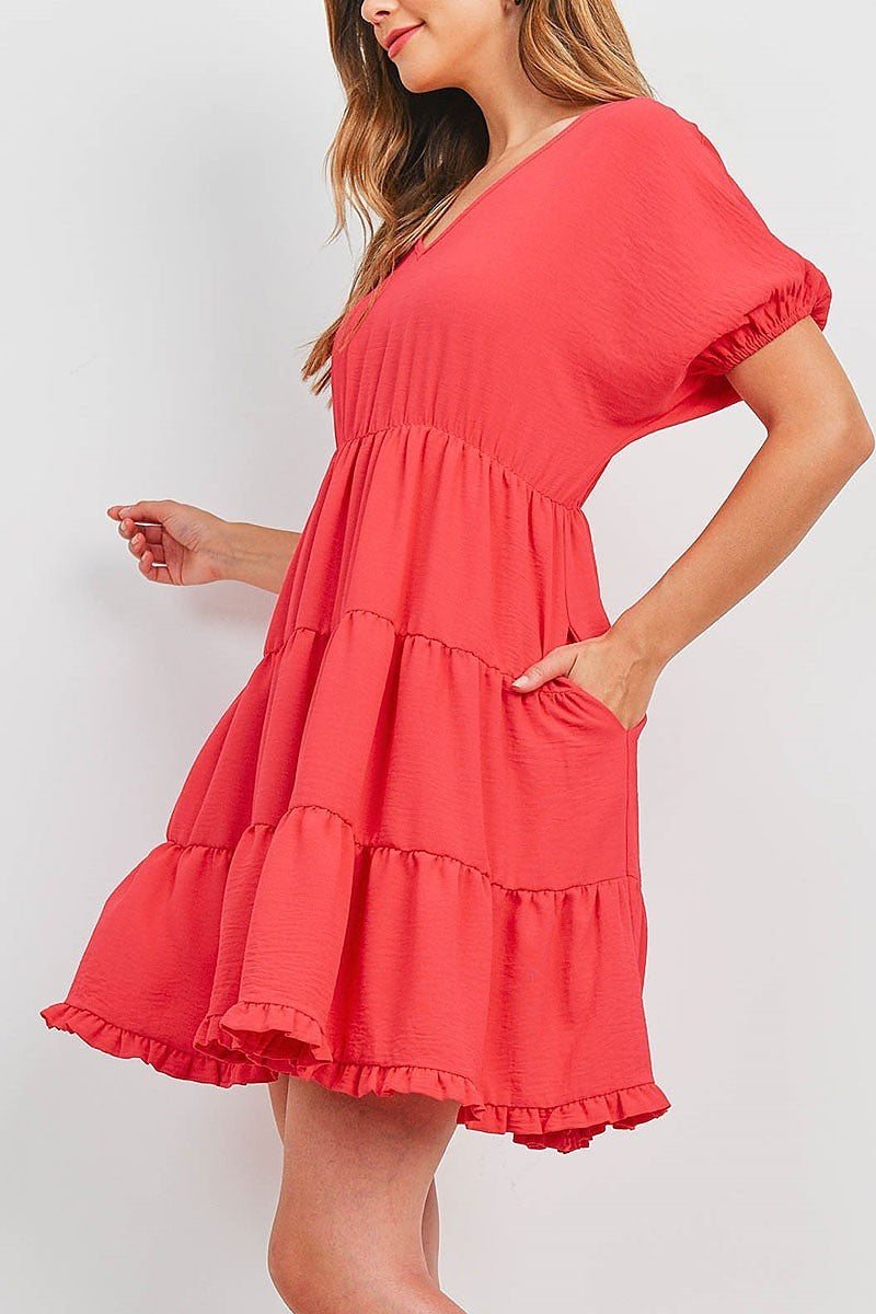 Puff sleeve v neck tiered ruffle a line dress (DED9817)