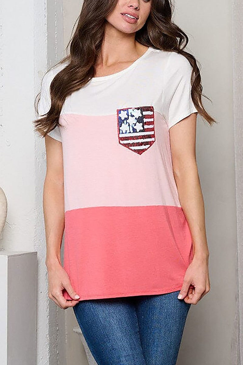 Short sleeve color block pocket flag patch top (EFWT1214)