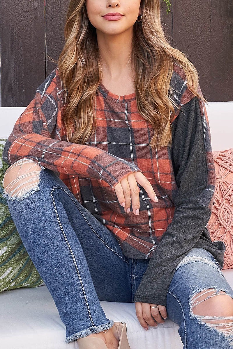 Dolman sleeve vertical detail plaid top (EF2394)