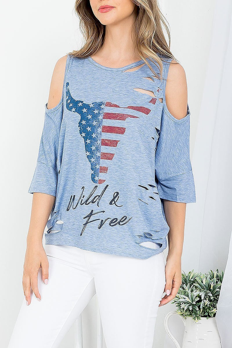 American bull head print wild n free distressed batwing top (EF3696)