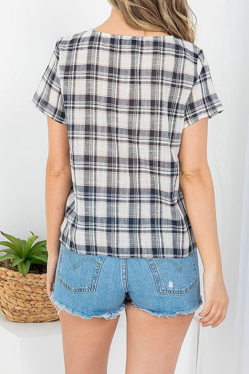 Round neck waist tie plaid top (EF3801)