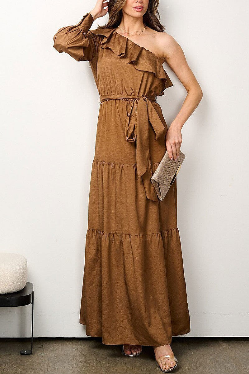 One shoulder self tie tiered ruffle maxi dress (EFWT6993)