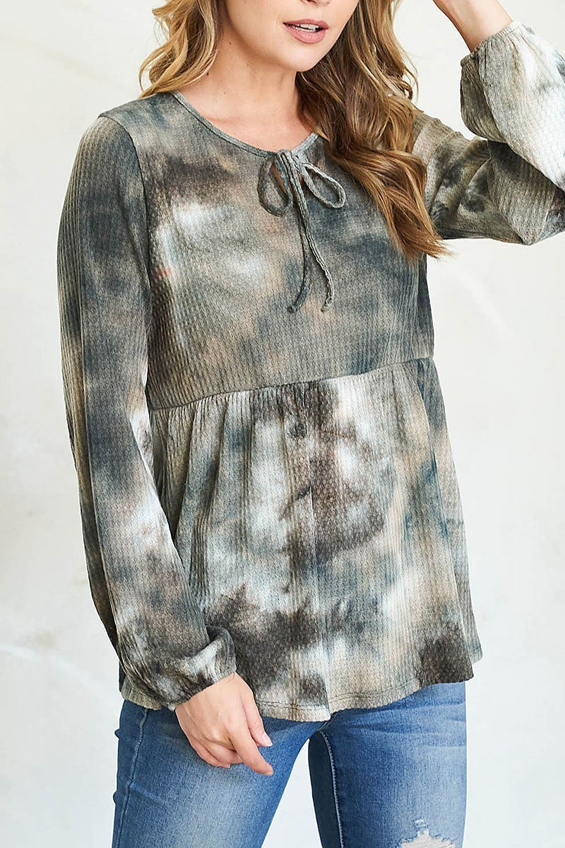 Puff sleeve neckline ribbon detail tie dye waffle top (EF2585)