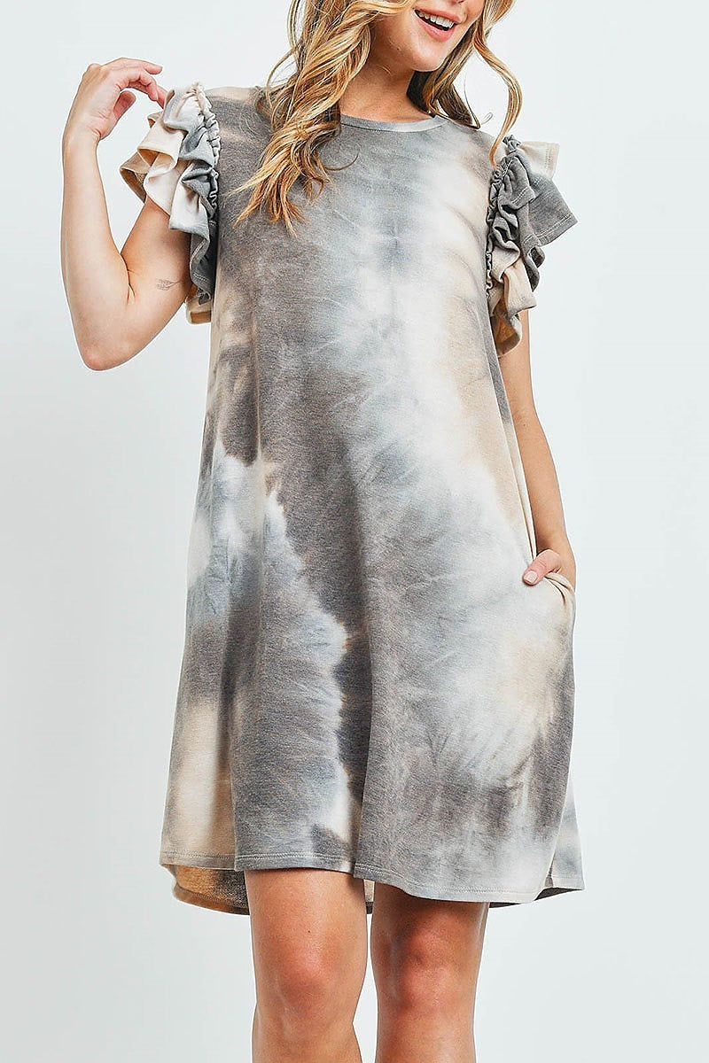 Layered ruffle sleeve tie dye pocket dress (DED6508)