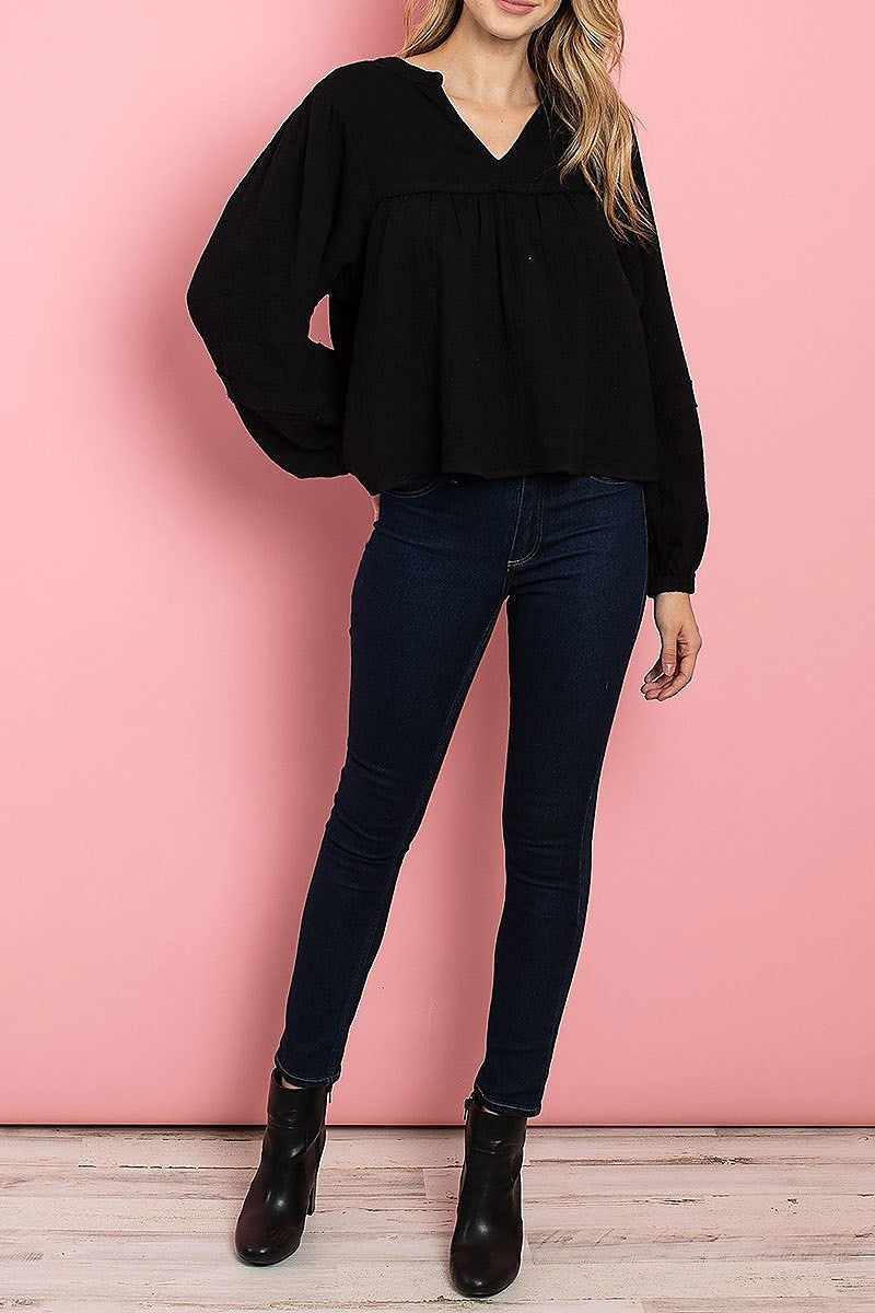 V neck puff sleeve top (ED7932)