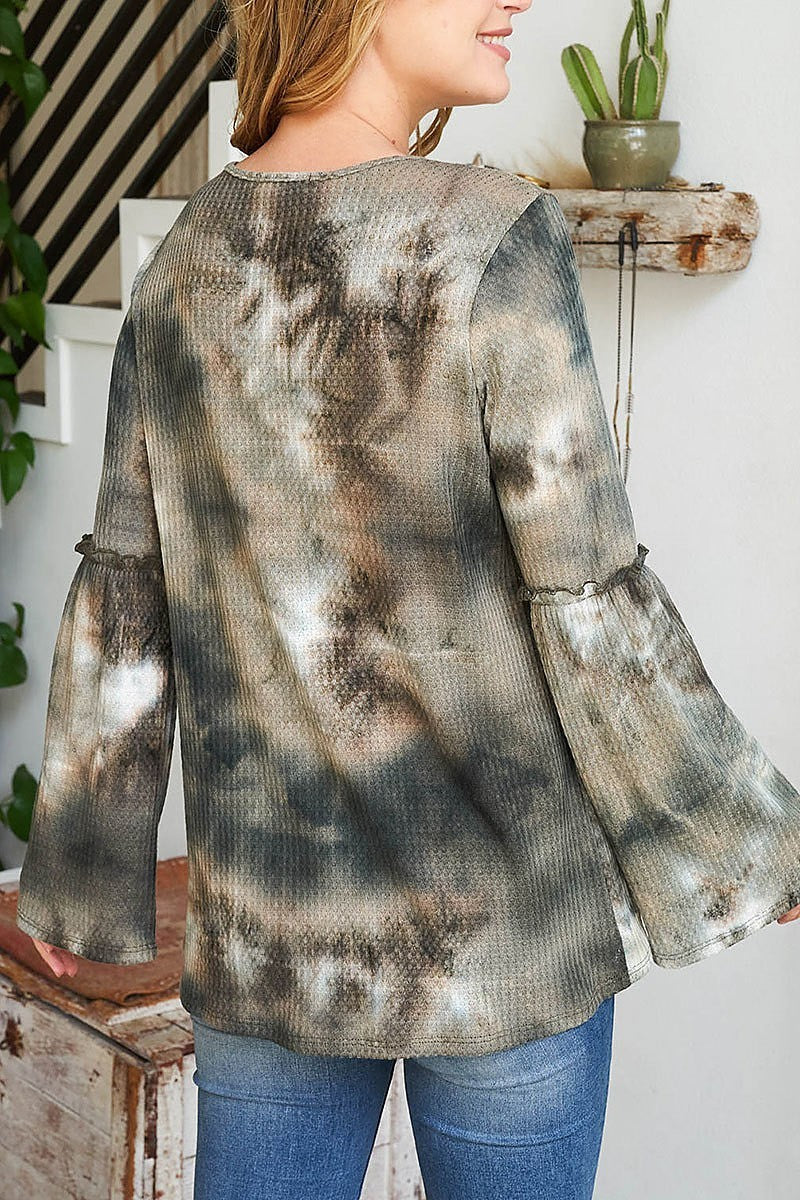 Merrow detail bell sleeves tie dye top (EF2462)