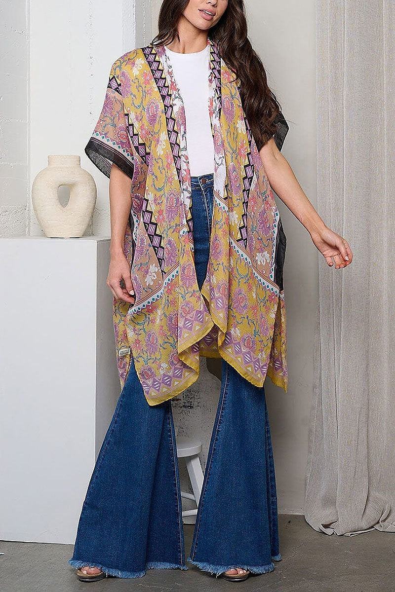 Short sleeve open front flowers print kimono (EFWT1186)