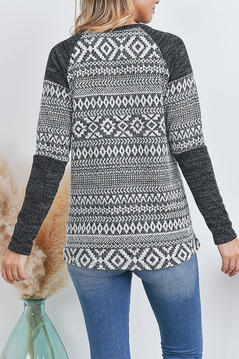 Aztec print long sleeve hacci brush top (EF2699)