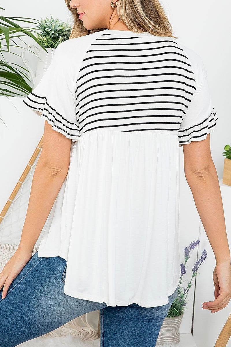 Stripe contrast ruffle detail color block top (EF3067)