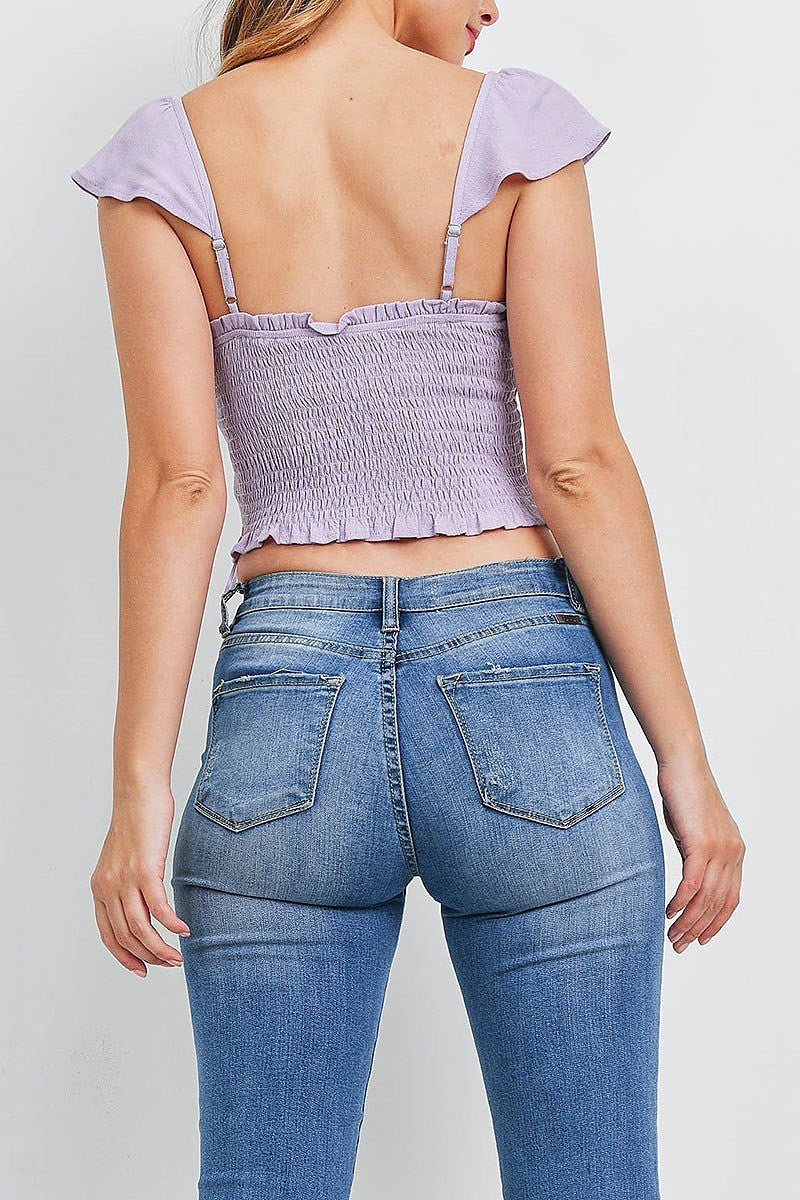 Ruffle sleeve smoked detail crop top (EF1195)