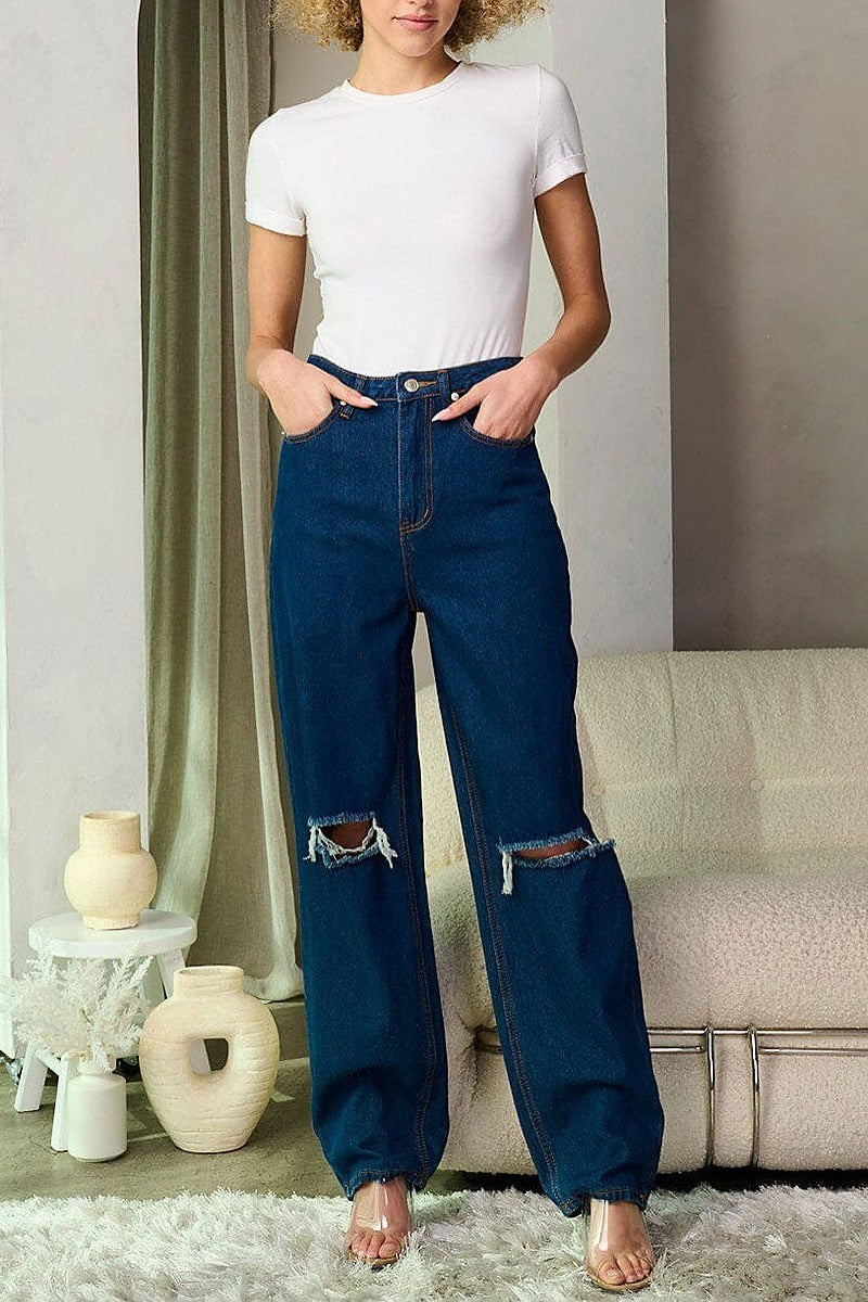 Button closure distress wide leg denim pants (EFWT9317)