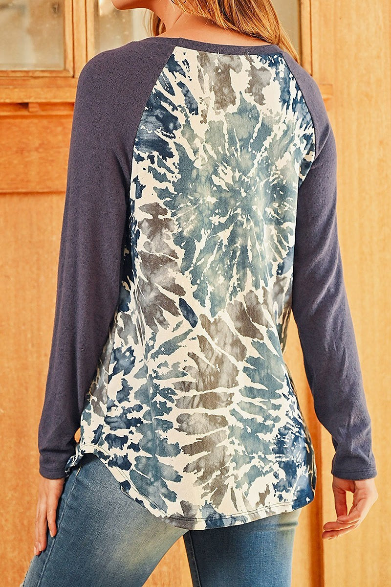 Brushed long sleeved tie dye round hem top (ED8196)