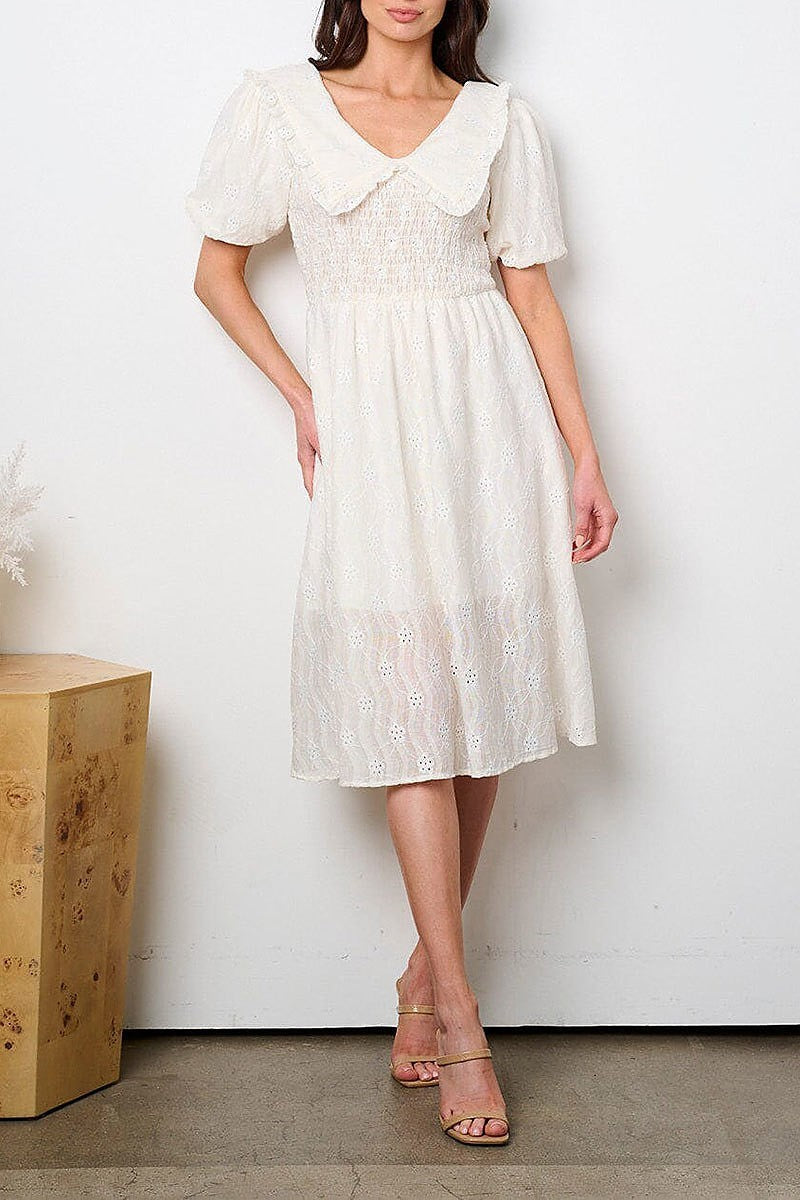 Short puff sleeve v-neck eyelet midi dress (EFWT9122)