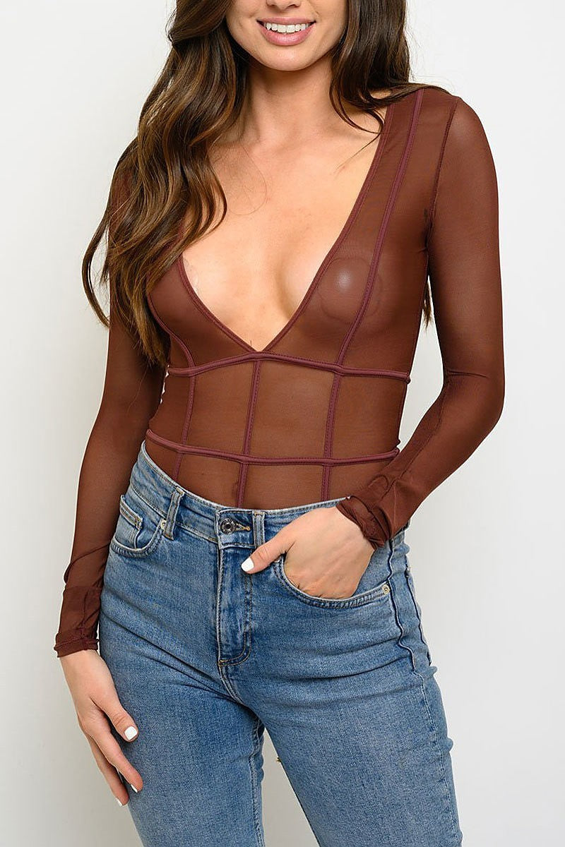 Long sleeve mesh v neck bodysuit (EDWT3645)