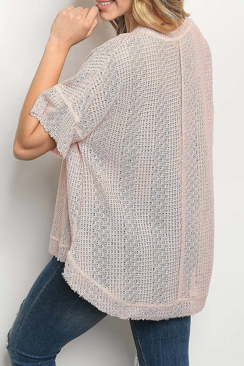 Textured crochet bell sleeve raw hem top (ED6385)