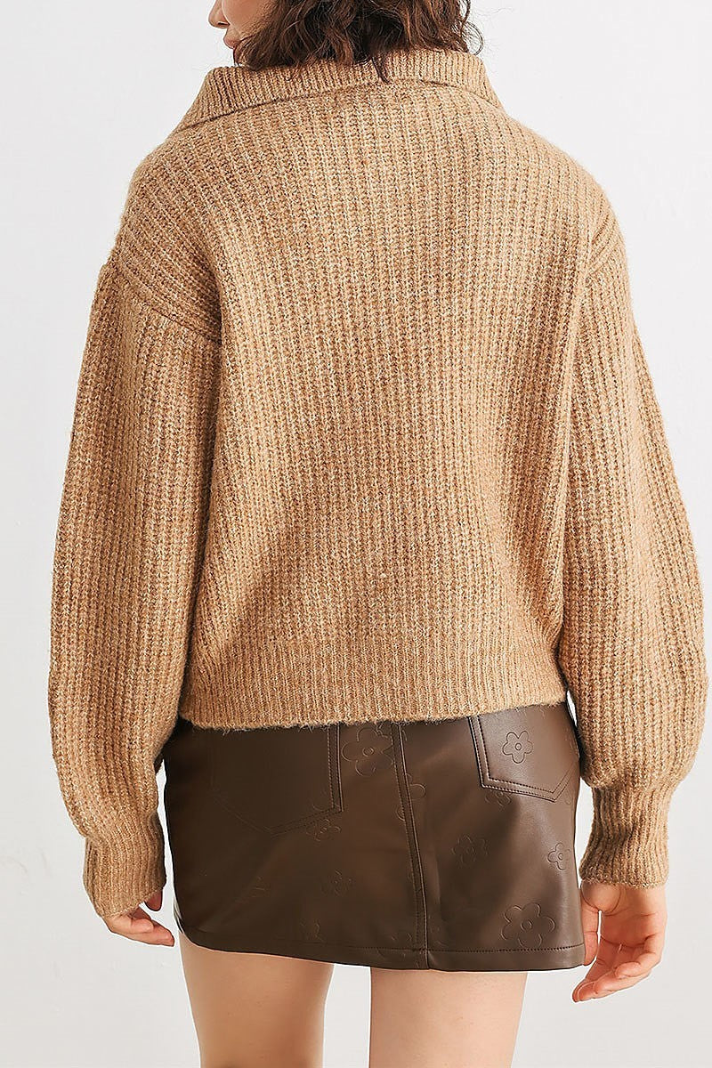 Wool knit button up neck crop sweater (TED2027)