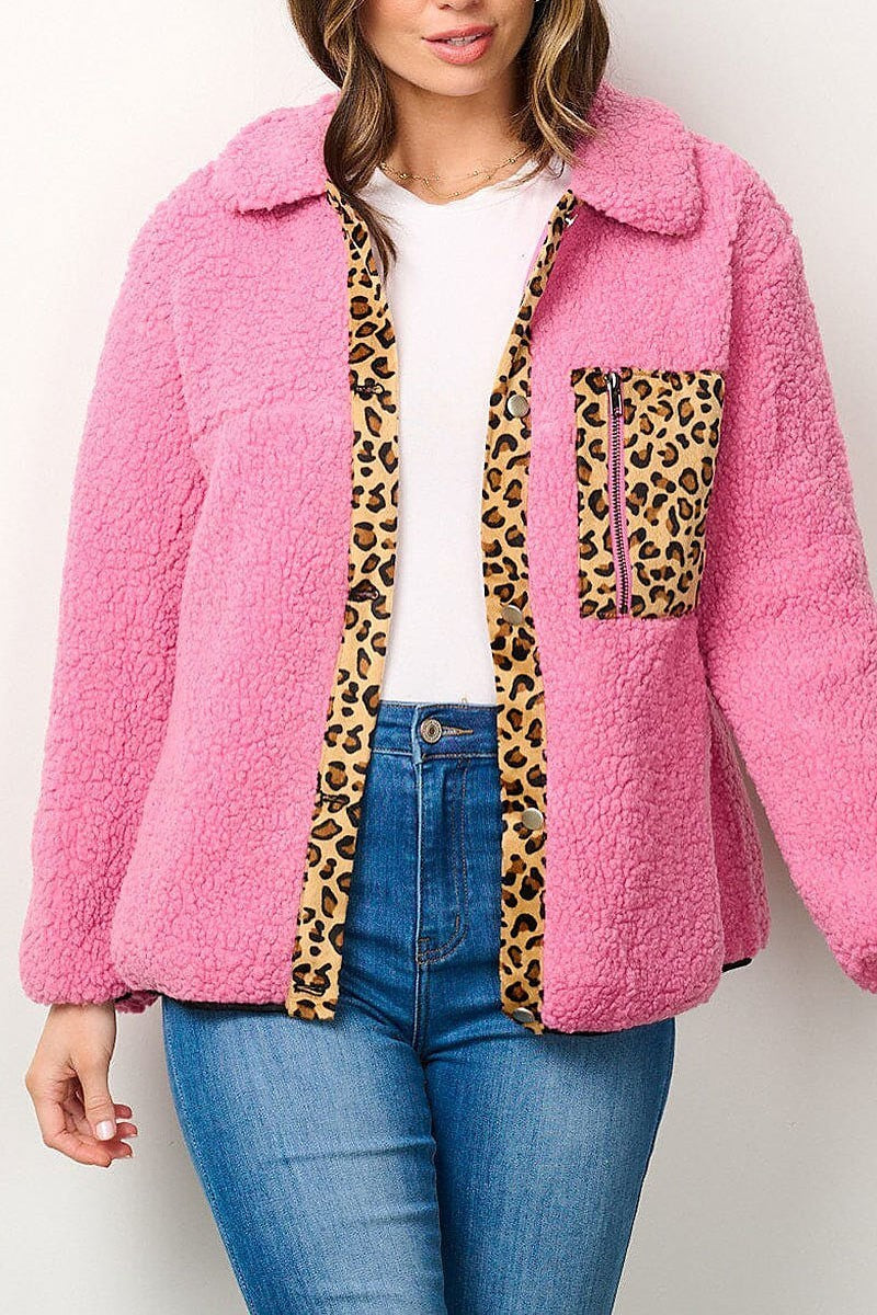 Button closure animal print sherpa jacket (EFWT7000)